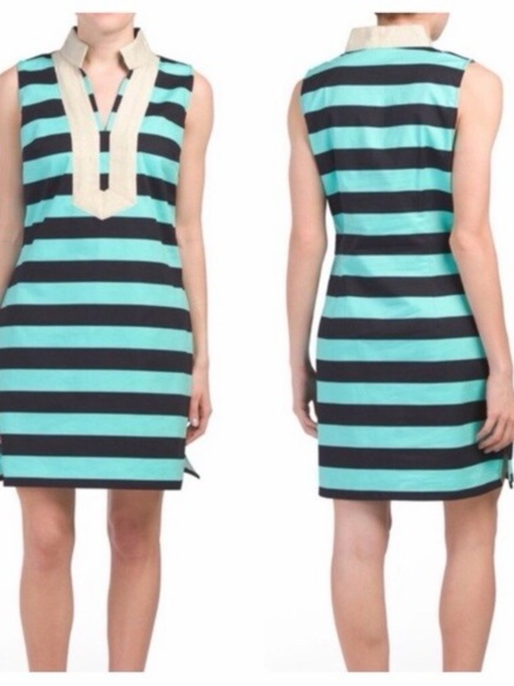 STS navy blue aqua teal horizontal stripe tunic mini dress metallic gold trim S